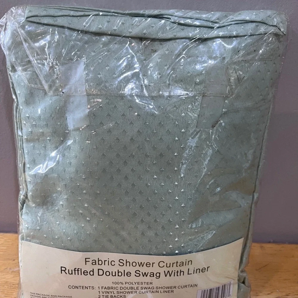 Vtg Interiors by Design Sage Green Ruffled Double Swag Shower Curtain Set New